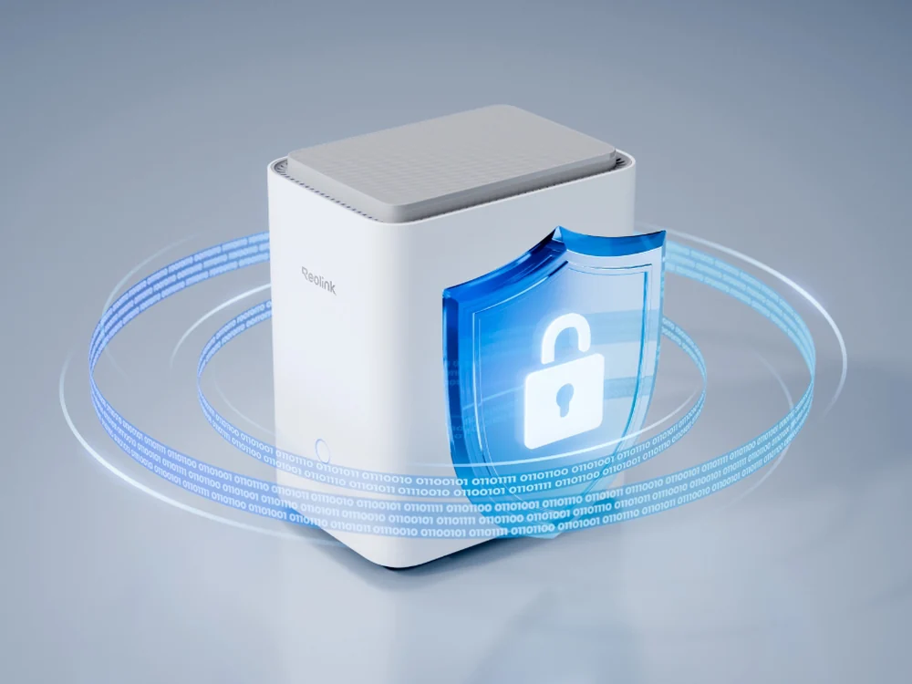 Reolink Home Hub Pro with blue privacy shield graphic