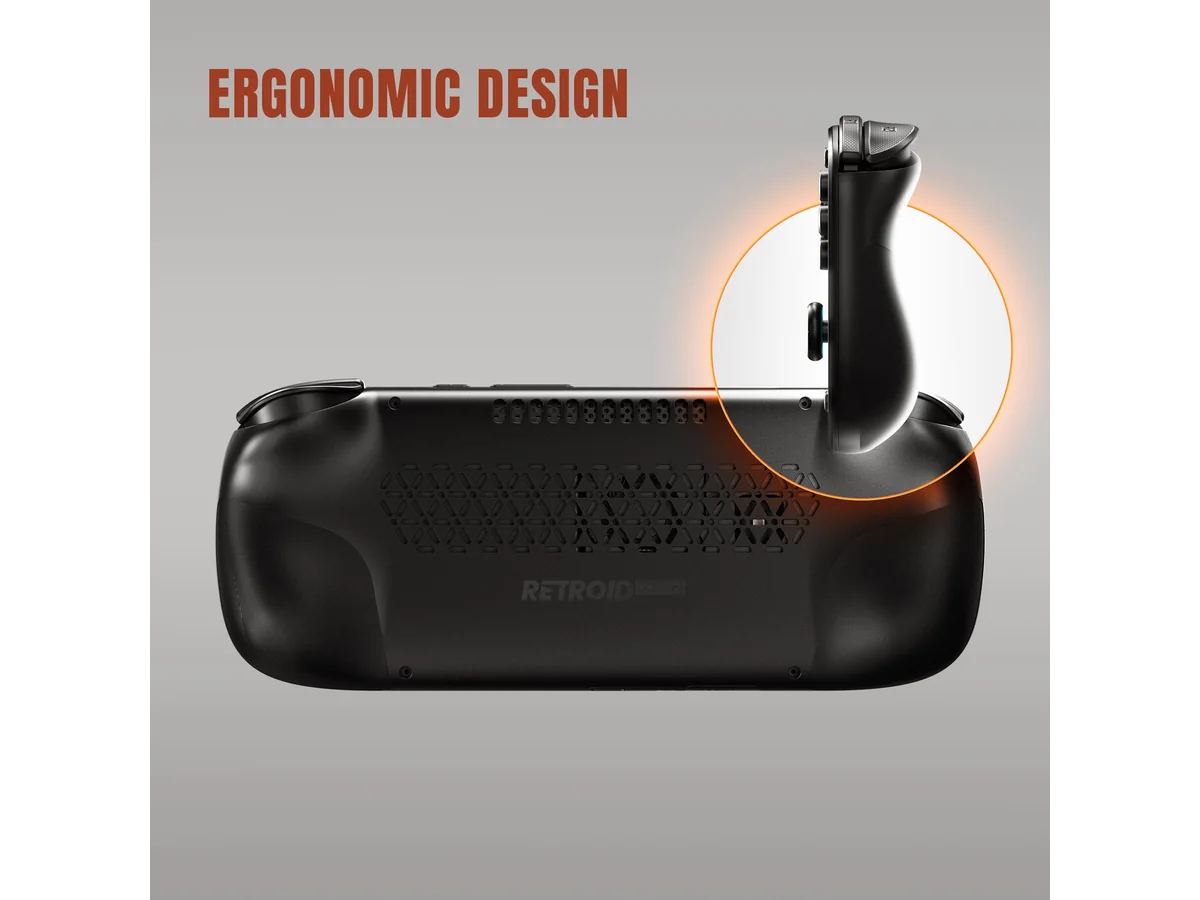 Back of Retroid Pocket 5 showing the ergonomic grip shape