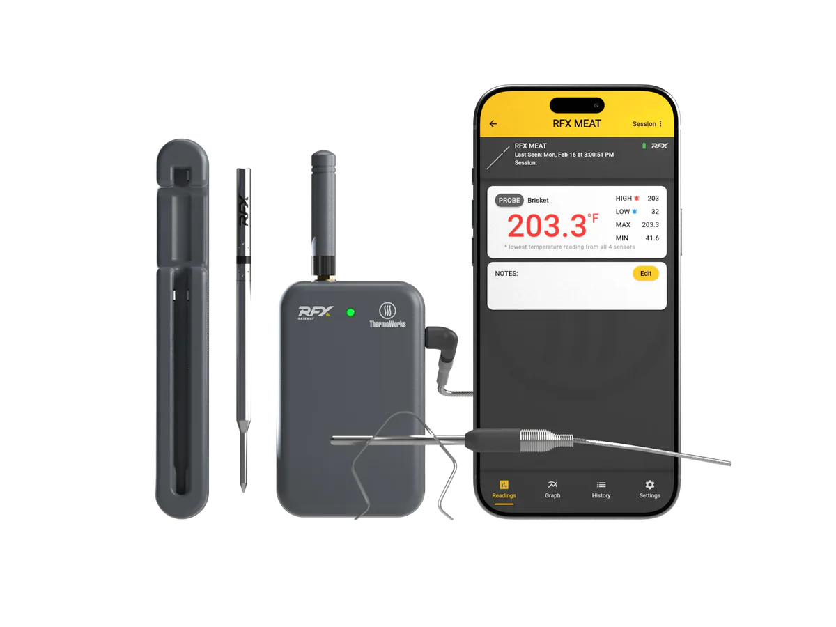 ThermoWorks RFX Wireless Probe Starter Kit with probe, gateway, and app screen