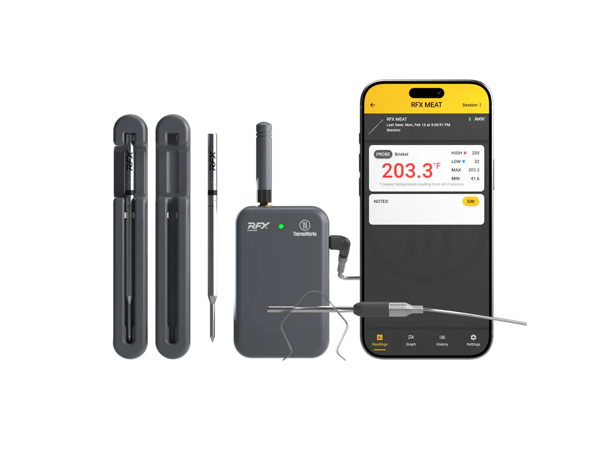 ThermoWorks RFX two-probe kit layout with app screen