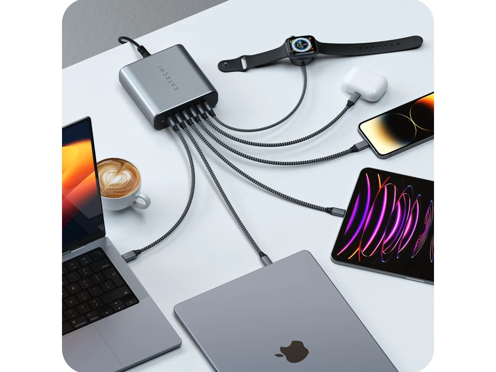 Satechi 200W charger powering a laptop, tablet, phone, watch, and earbuds