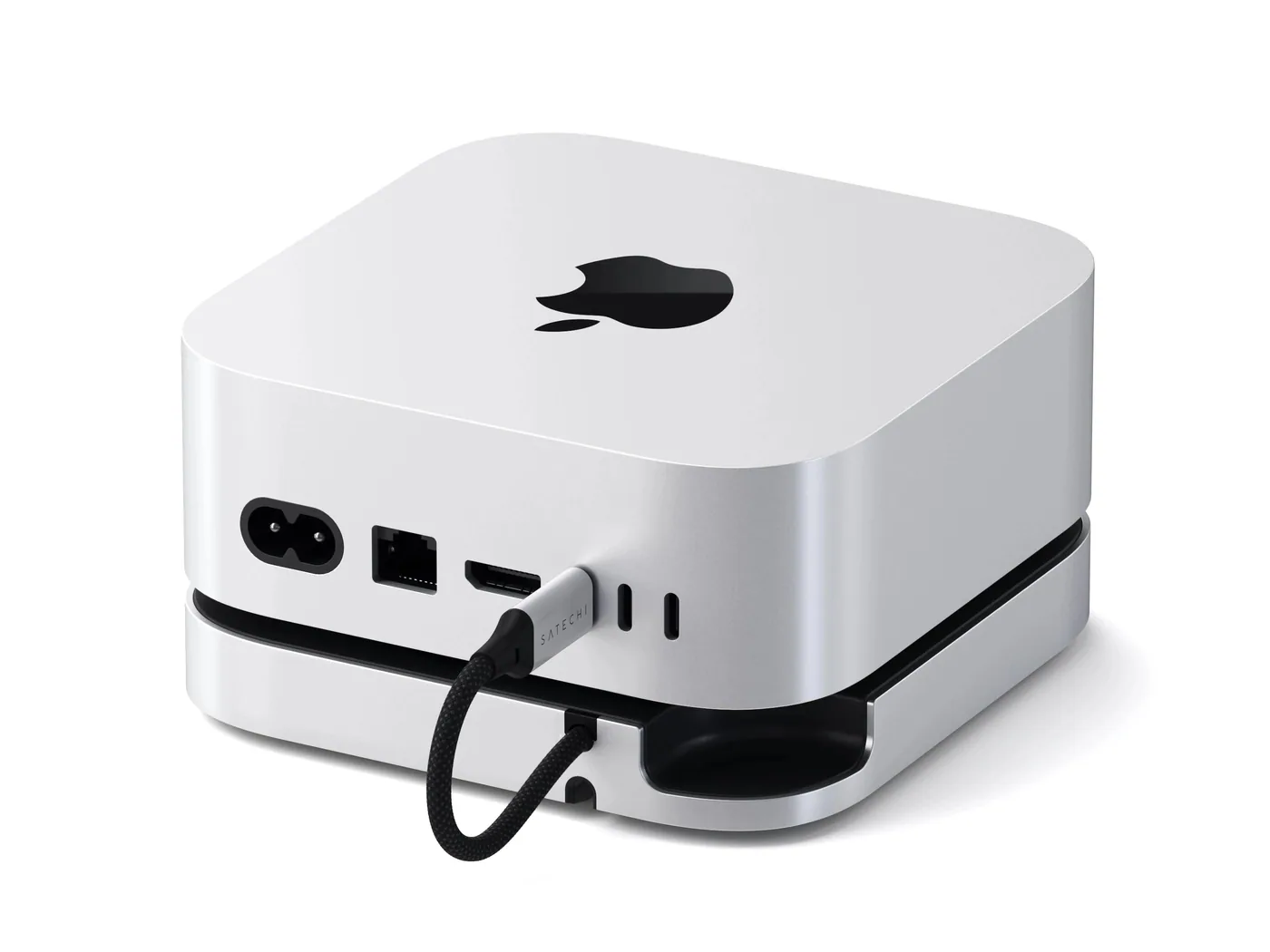 Rear view of the Satechi Mac Mini M4 Stand and Hub connected below a Mac mini