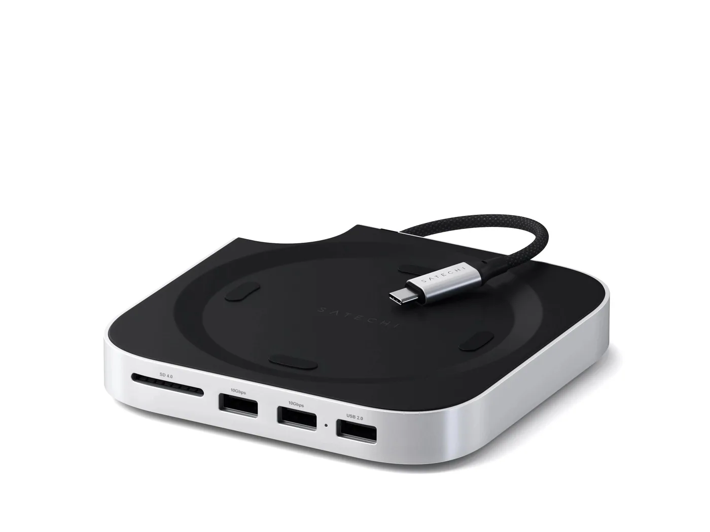 Satechi Mac Mini M4 Stand and Hub showing front ports and attached USB-C cable
