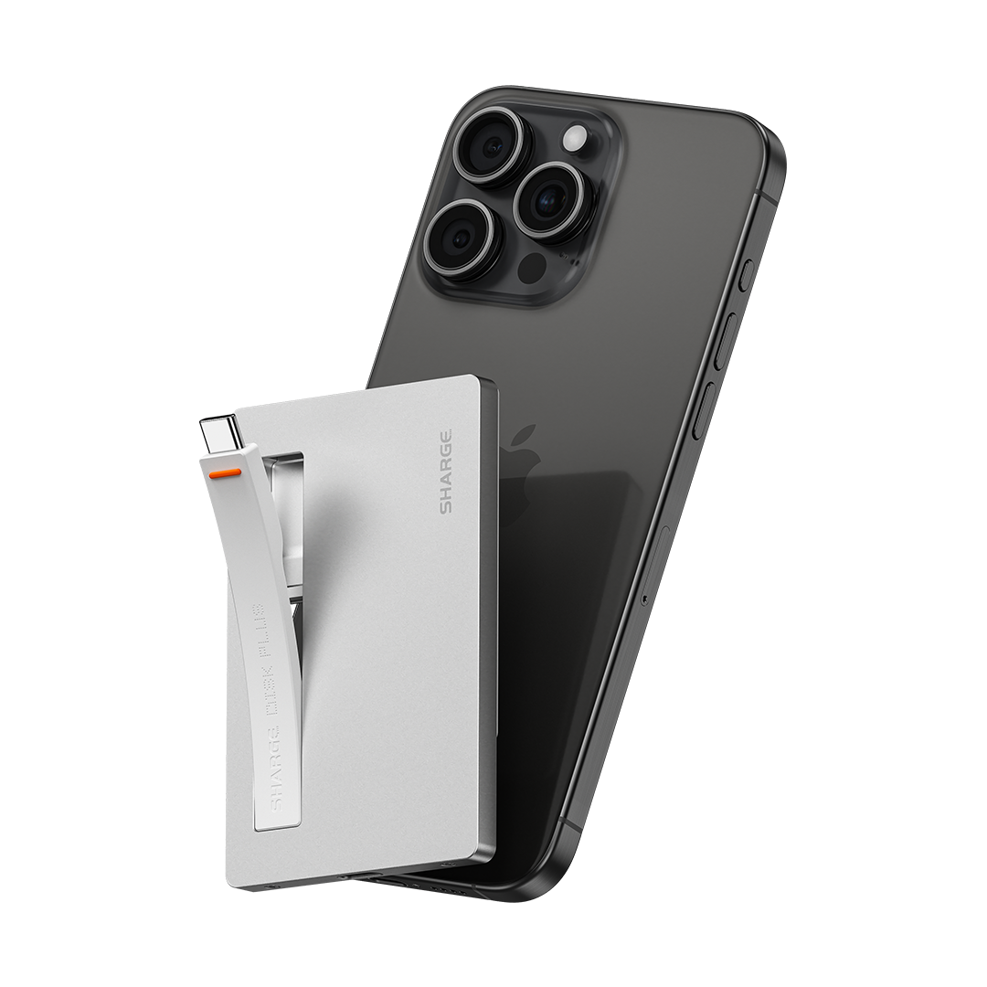 SHARGE Disk Plus SSD enclosure shown with its built-in USB-C cable