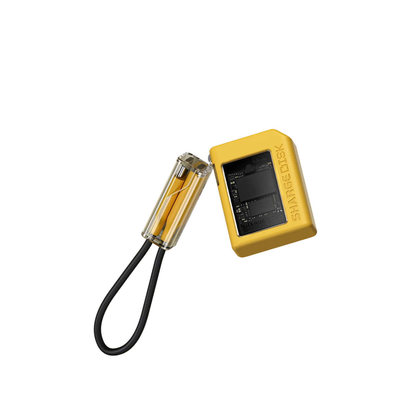 Yellow SHARGE Disk 2230 SSD enclosure with USB-C plug and short cable accessory