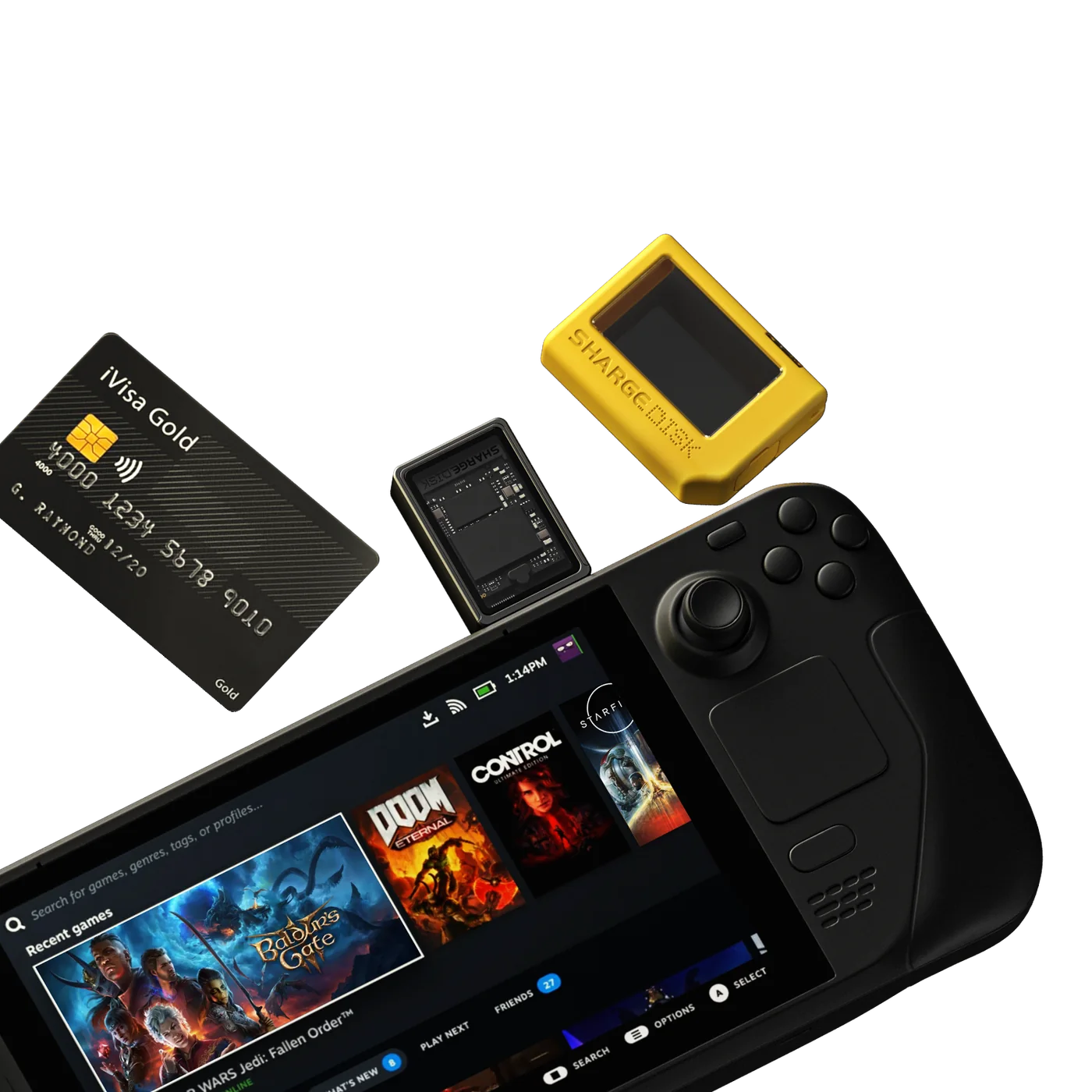 SHARGE Disk shown connected to a handheld gaming device