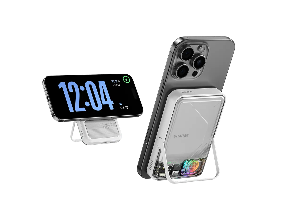 SHARGE ICEMAG 2 supporting a phone in landscape mode on its foldable stand