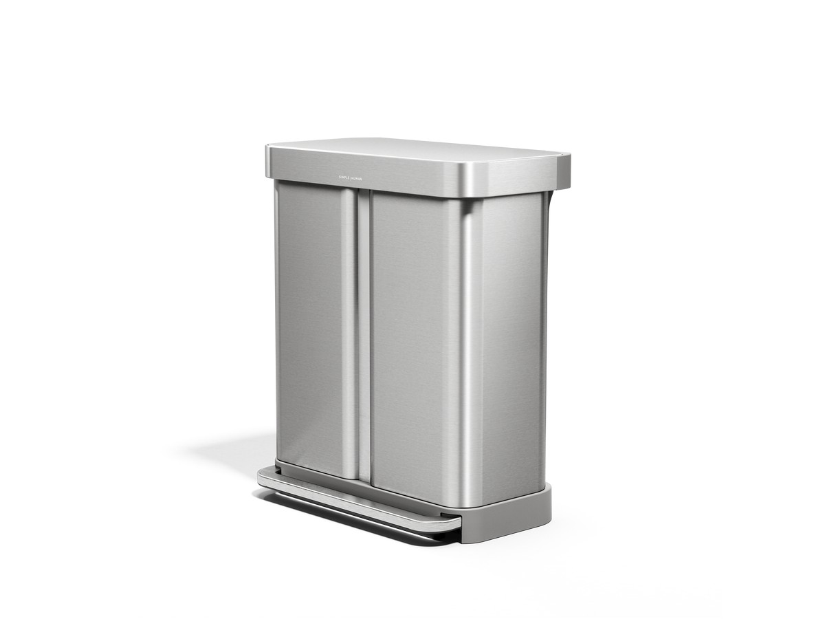 simplehuman 58L Step Recycler angled front view in brushed stainless steel
