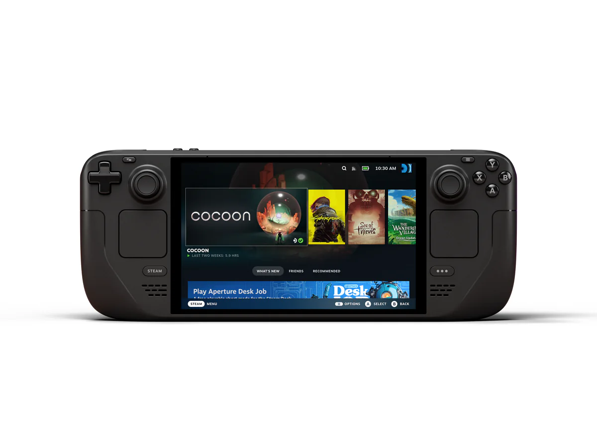 Valve Steam Deck OLED front view showing the Steam interface