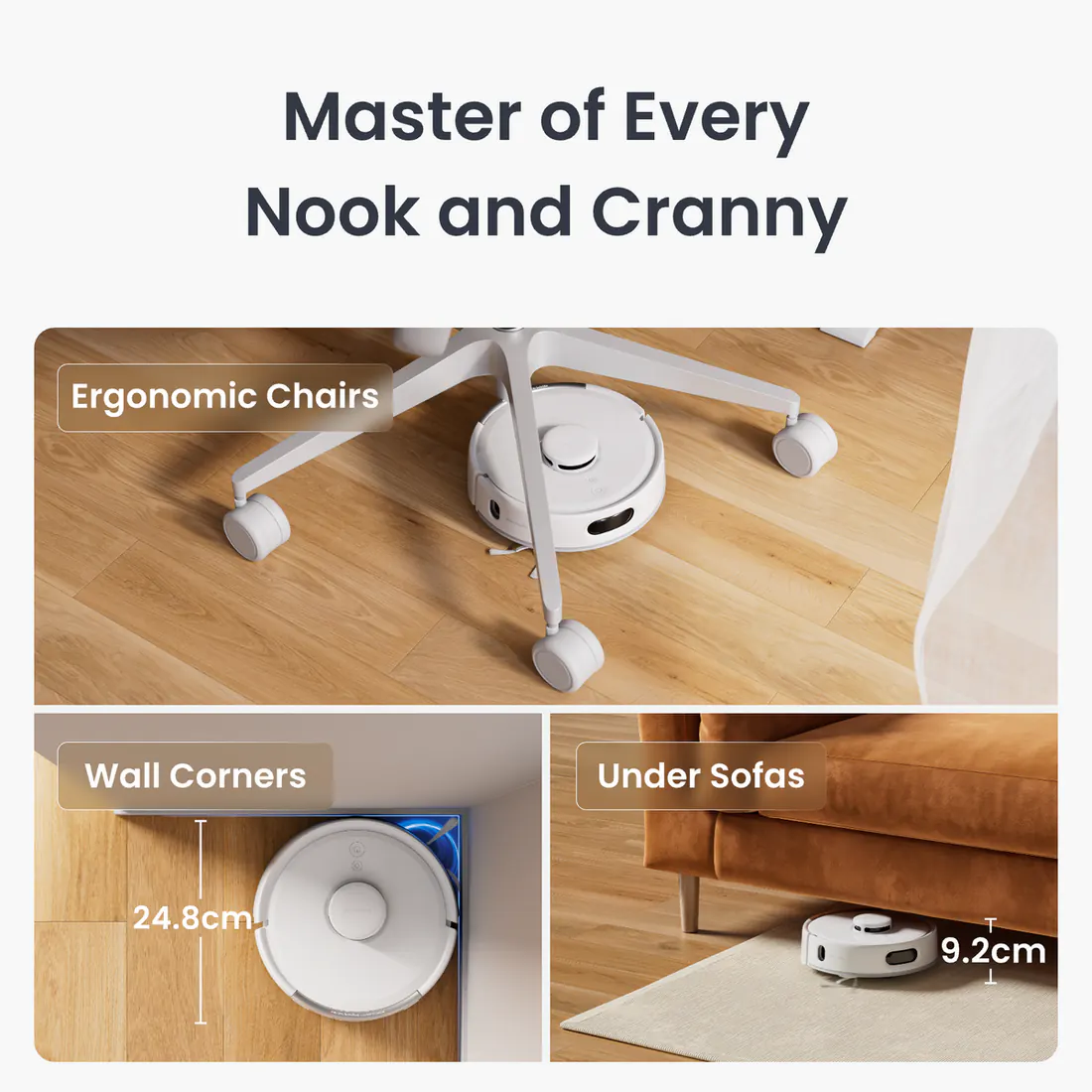 SwitchBot K11+ shown cleaning under furniture and around tight corners