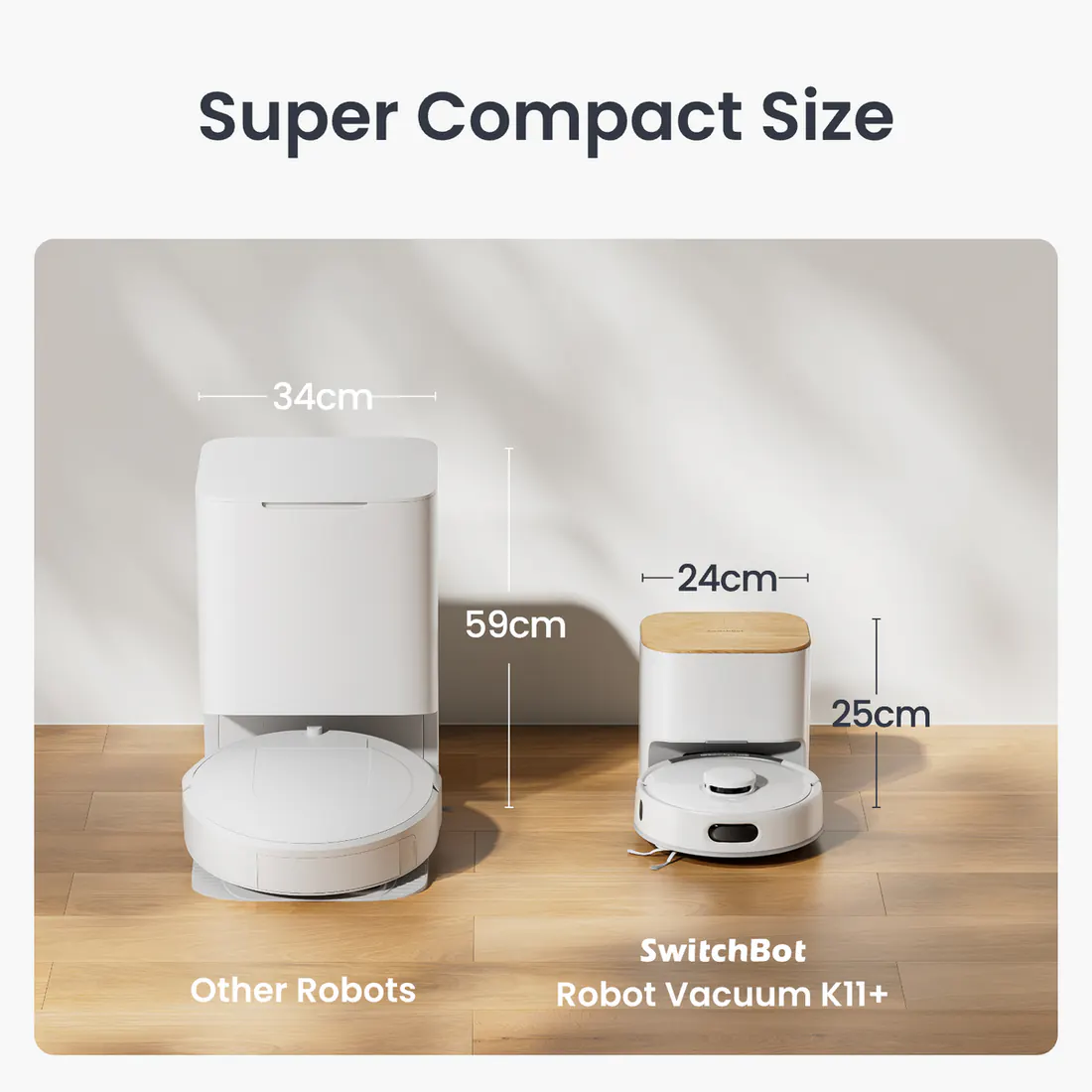 SwitchBot K11+ size comparison with larger robot vacuum dock