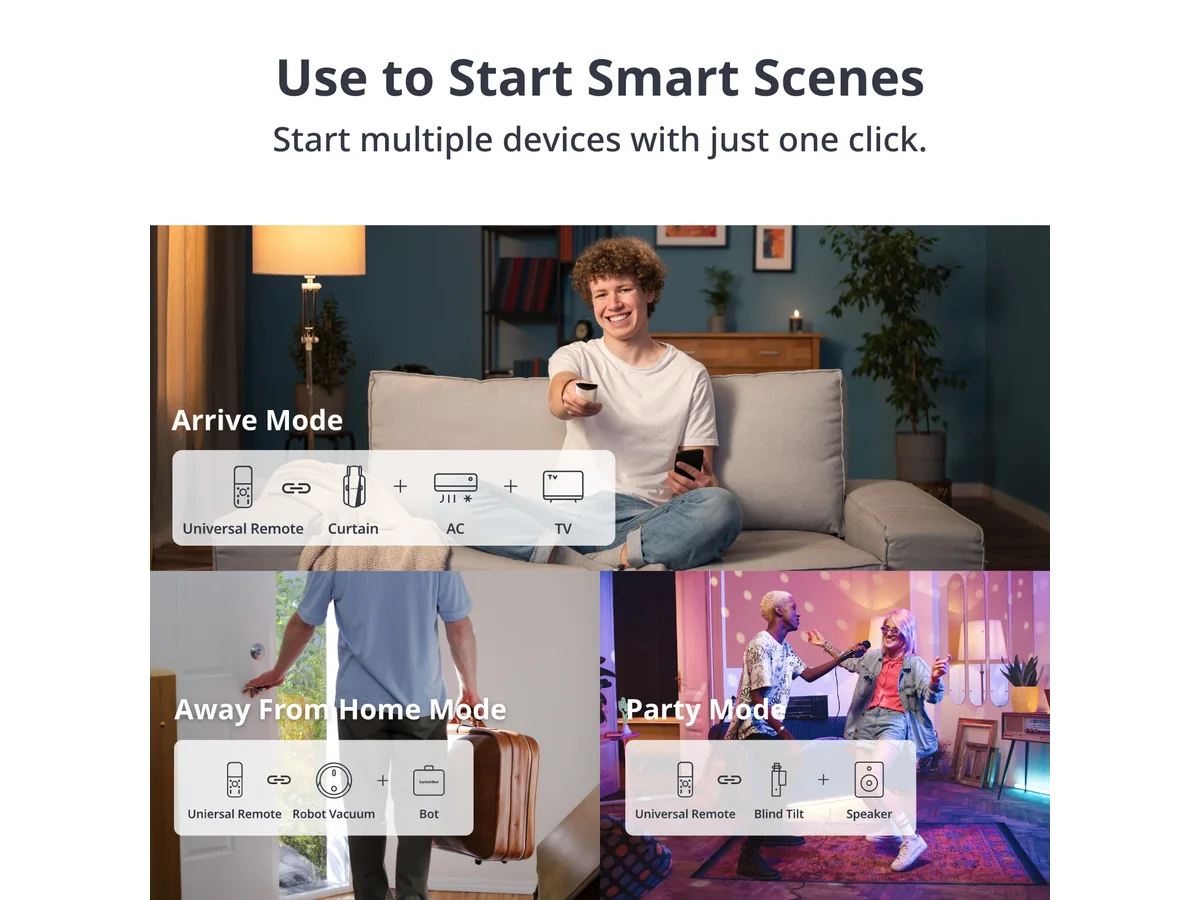 SwitchBot Universal Remote smart-scene examples for arrive, away, and party modes