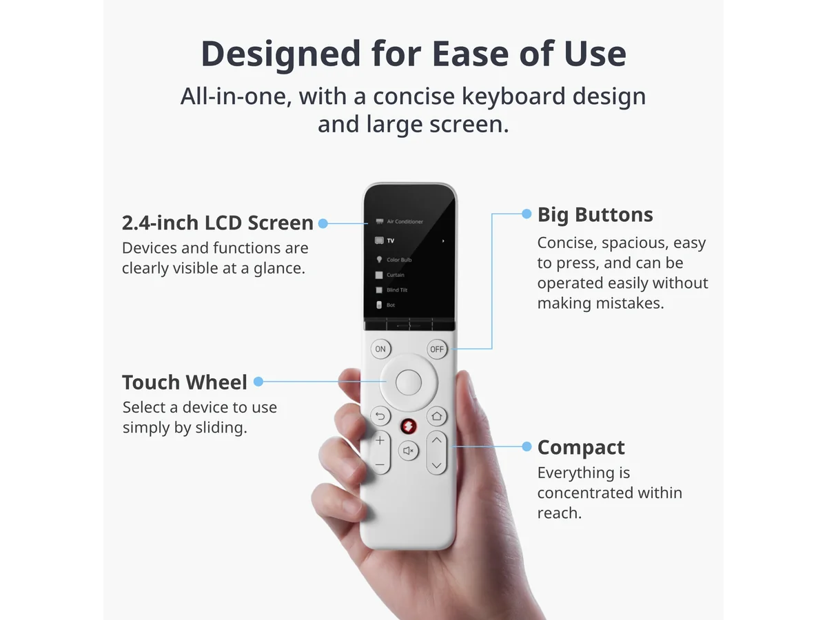 SwitchBot Universal Remote held in hand with button and screen callouts