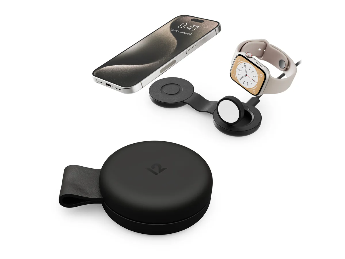 Twelve South ButterFly SE black folding charger with iPhone and Apple Watch