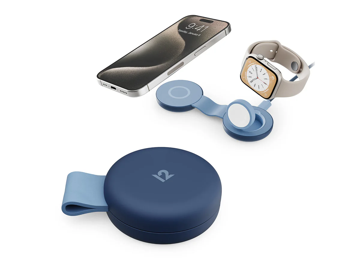 Twelve South ButterFly SE coastal blue folding charger with iPhone and Apple Watch