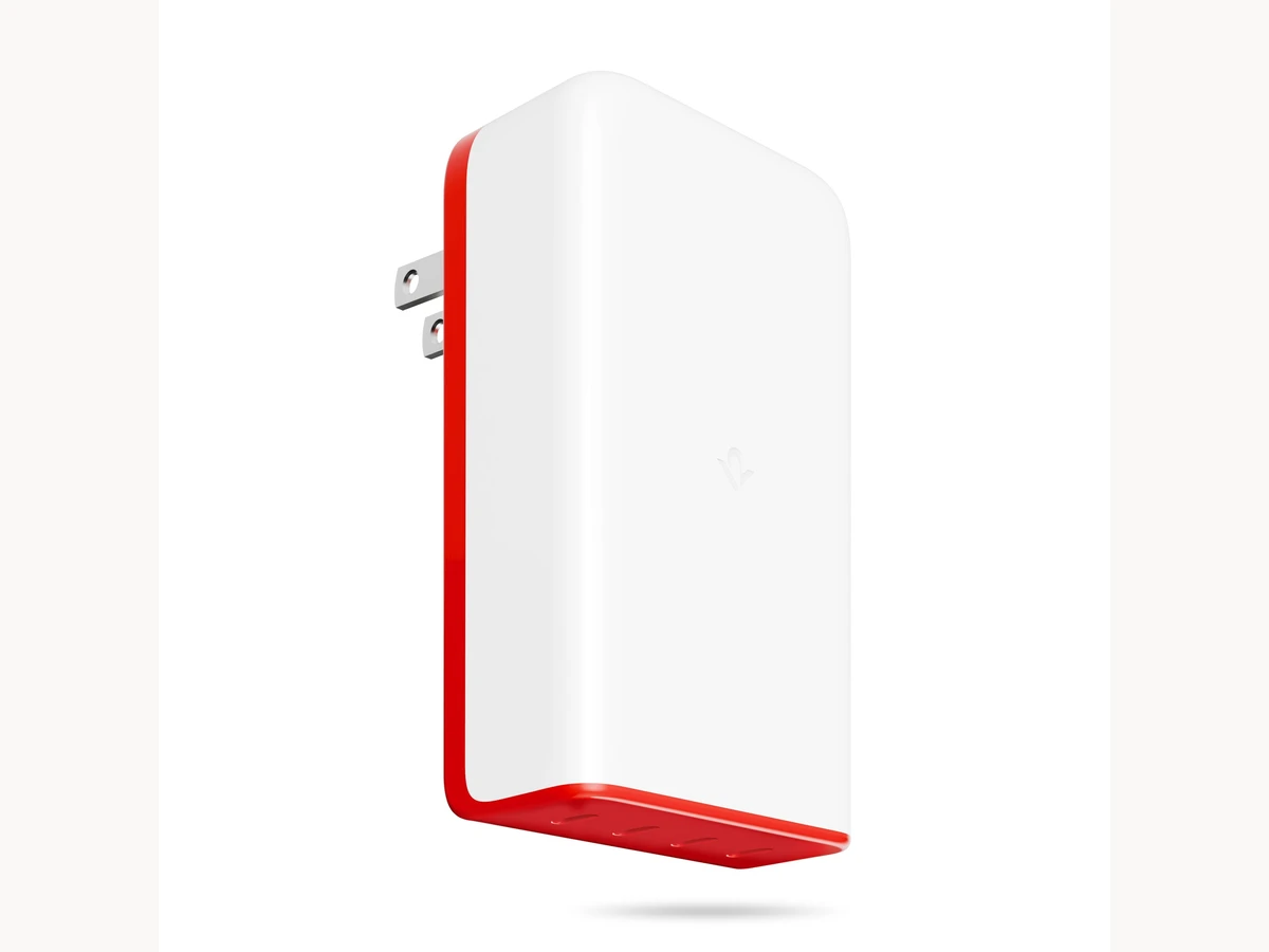 Twelve South PlugBug with Find My in white and red angled on a light background