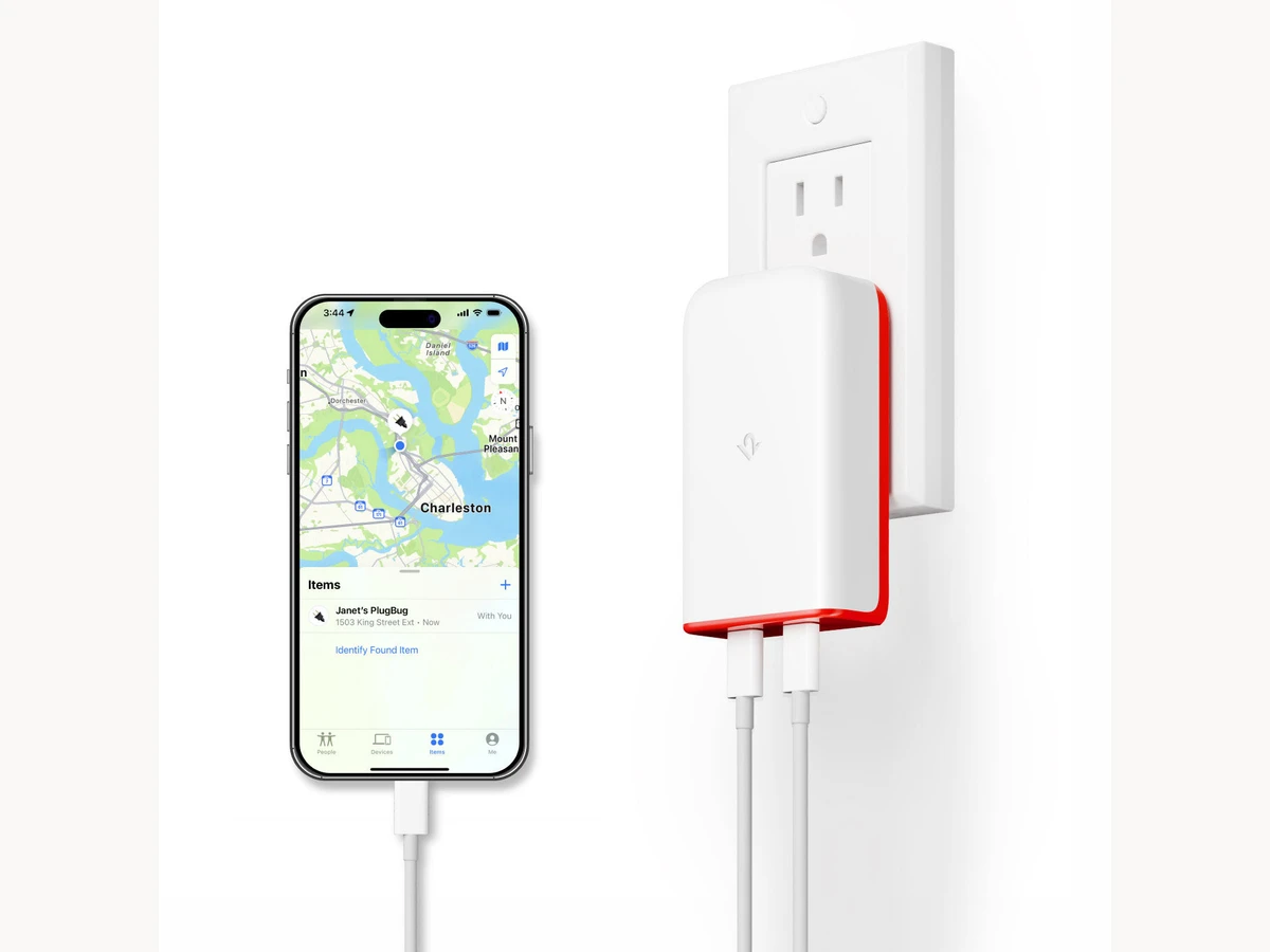 Twelve South PlugBug charger plugged into a wall outlet beside an iPhone showing Find My