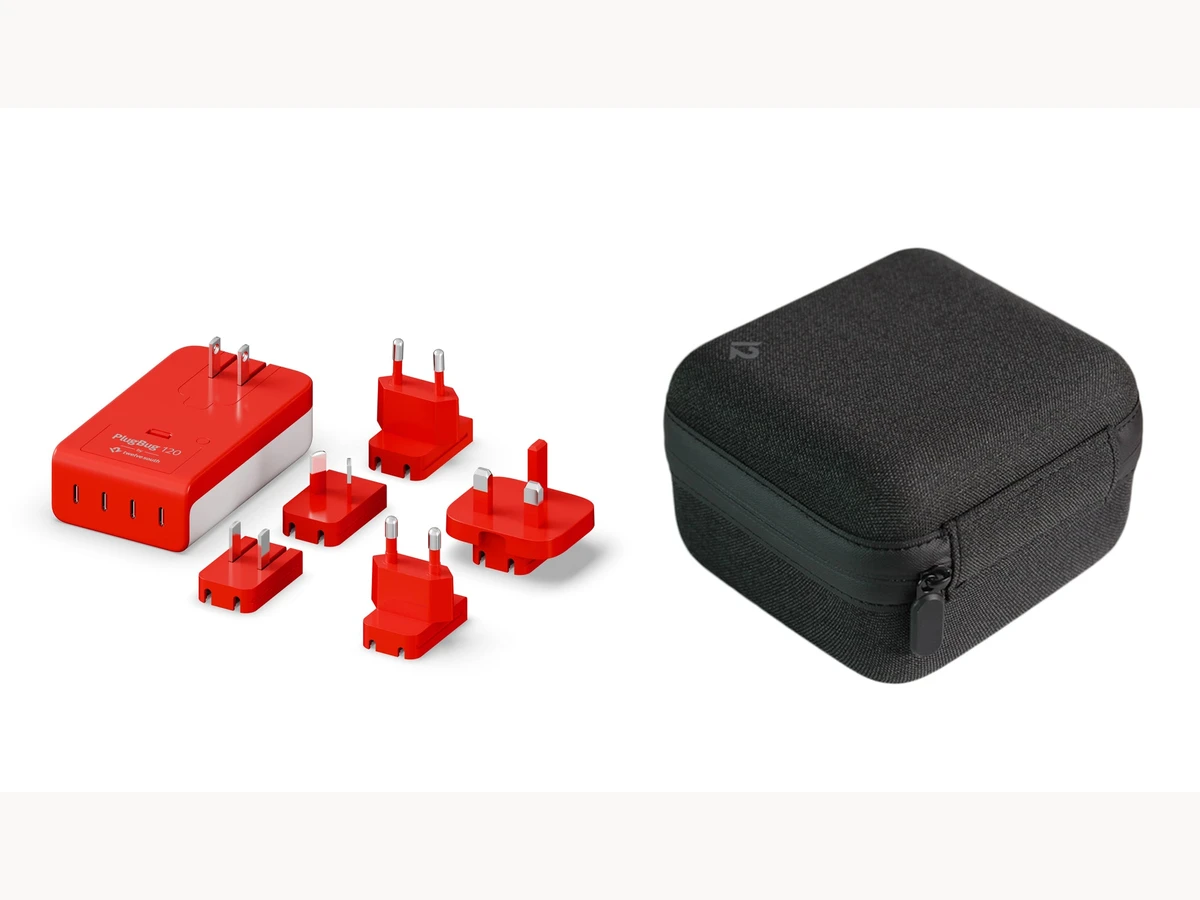 Twelve South PlugBug travel adapters and black carrying case arranged on a light background