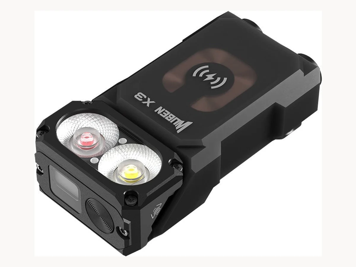Wuben X3 flashlight angled on a white background