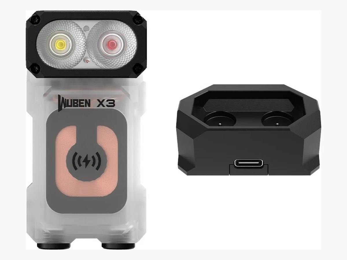 Wuben X3 flashlight front and charging base detail