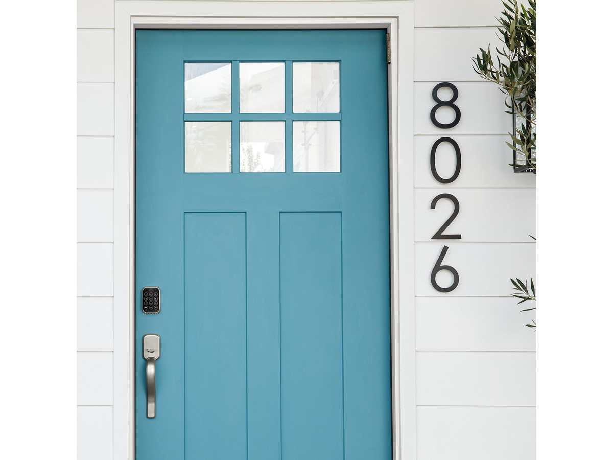 Yale Assure Lock 2 installed on a blue front door exterior