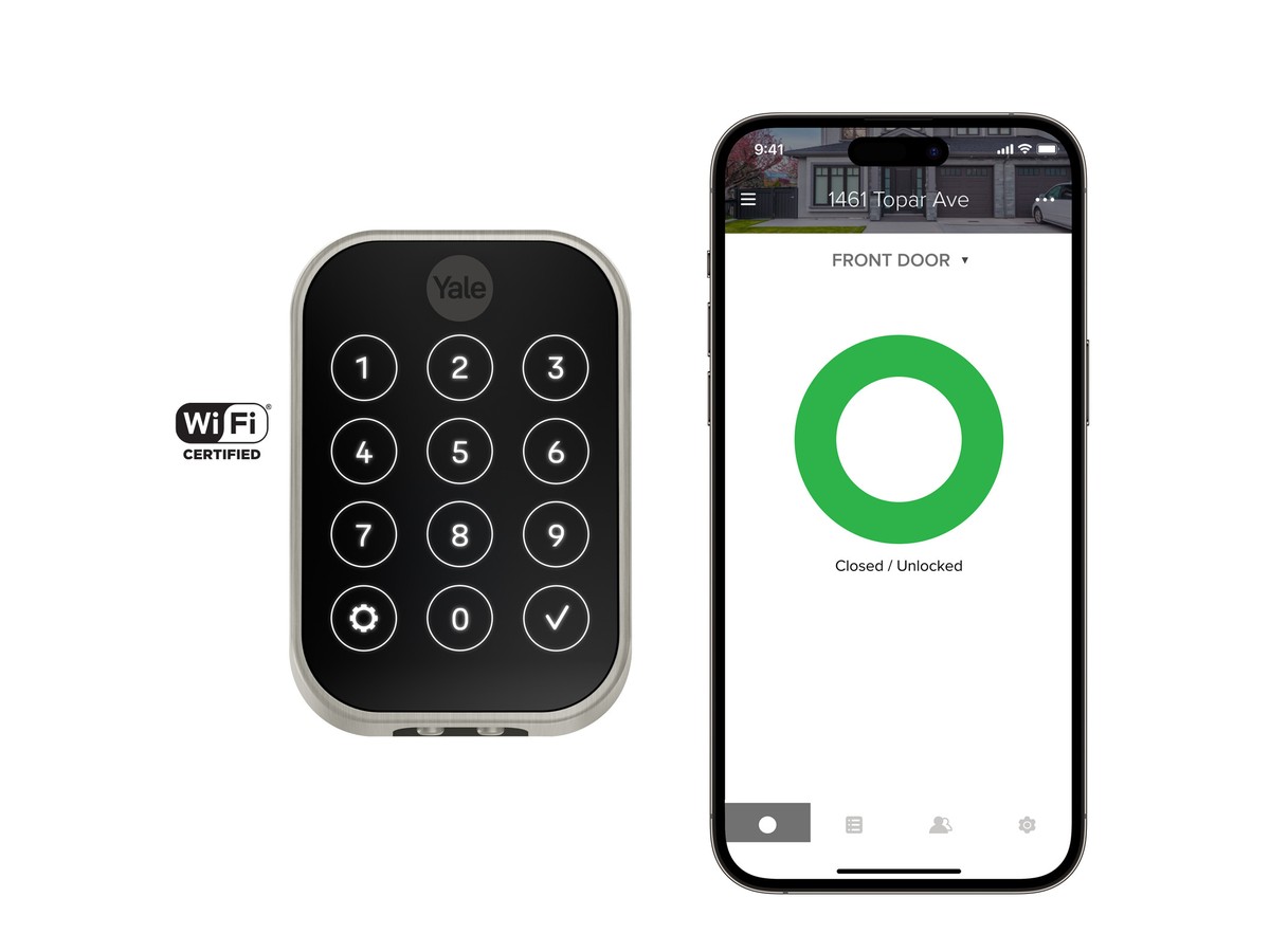 Yale Assure Lock 2 product shot beside the Yale Access app