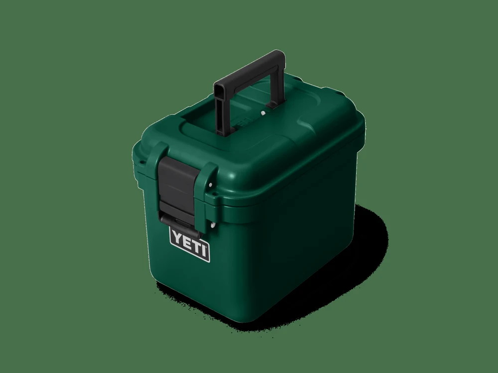 YETI LoadOut GoBox 15 angled view with handle raised