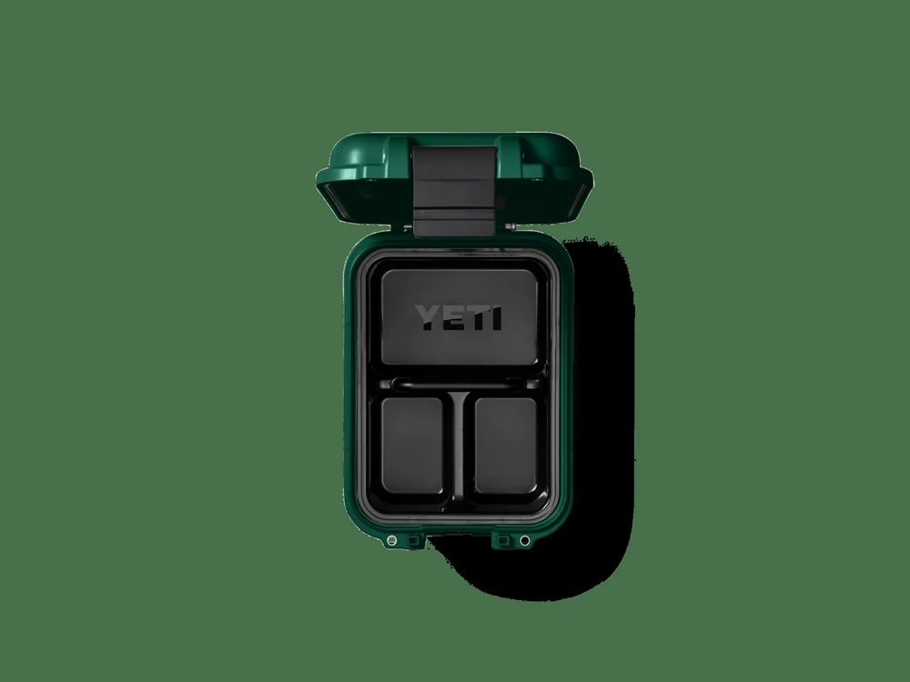 YETI LoadOut GoBox 15 top-down view with interior dividers and accessories